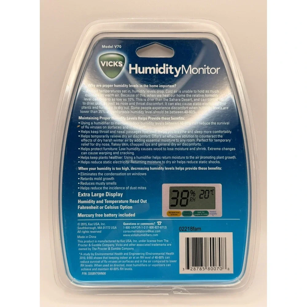 Vicks Humidity Monitor Digital Hygrometer Thermometer Indoor Humidity Gauge V70
